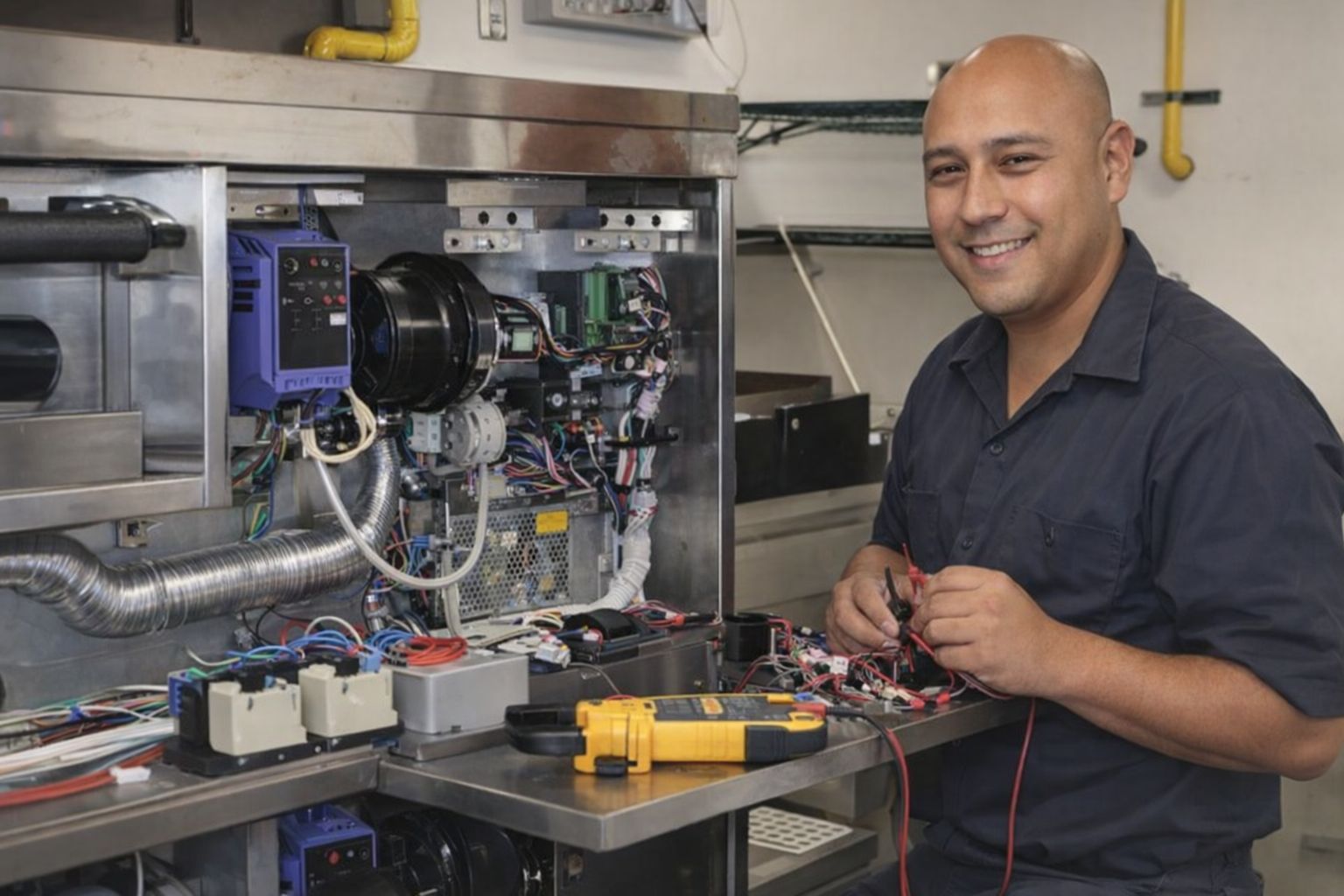 En tekniker utför storköksservice på en maskin i Göteborg.